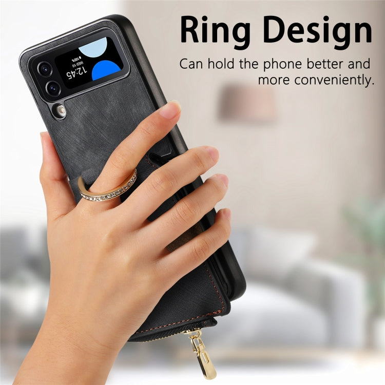 Samsung Galaxy Z Flip4 Retro Skin-feel Ring Zipper Wallet Phone case in stylish design, showcasing its ring function and card holder slots.